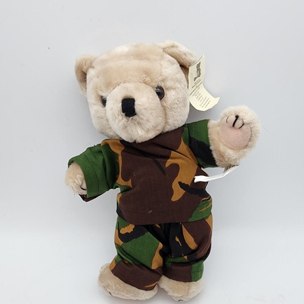 US Army Teddy Bear Plush Stuffed Animal Tan Jointed Camo Uniform Vintage Elgate